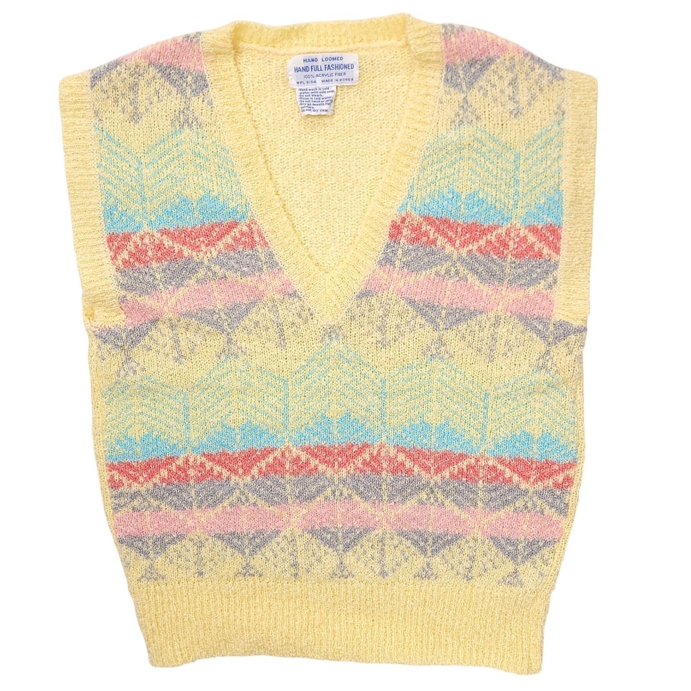 Vintage Hand Loomed Yellow Pastel Geometric‎ V-Neck Sweater Vest Made in Korea